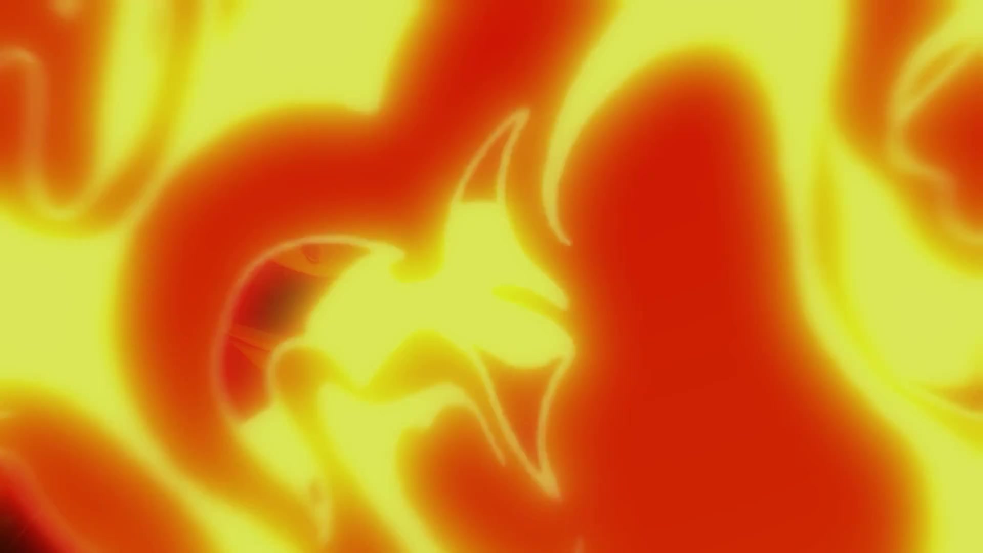 Frame from KEANU-VERSE, swirling orange and yellow anime flames