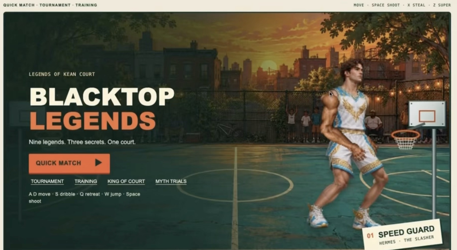 Blacktop Legends title screen: a player on an outdoor court at sunset