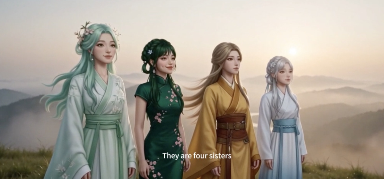 Still from Winter's Blanket, four characters in flowing robes on a misty hillside